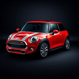 An eye-catching image of a Mini Cooper in a vibrant red color, set against a deep gray background that beautifully contrasts with its bold hue