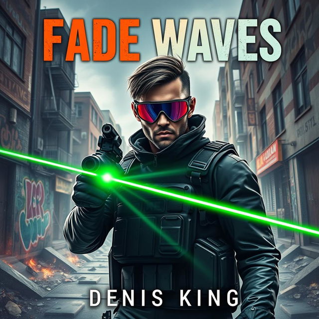 A captivating book cover for 'FADE WAVES', featuring an urban local zone as the background, filled with dynamic street elements