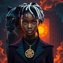 A large transparent panther and the majestic gates of Valhalla positioned behind an African American female teen with slitted purple bobcat eyes and white locs that have purple ends, showcasing her angular features