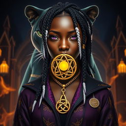 A large transparent panther and the majestic gates of Valhalla positioned behind an African American female teen with slitted purple bobcat eyes and white locs that have purple ends, showcasing her angular features