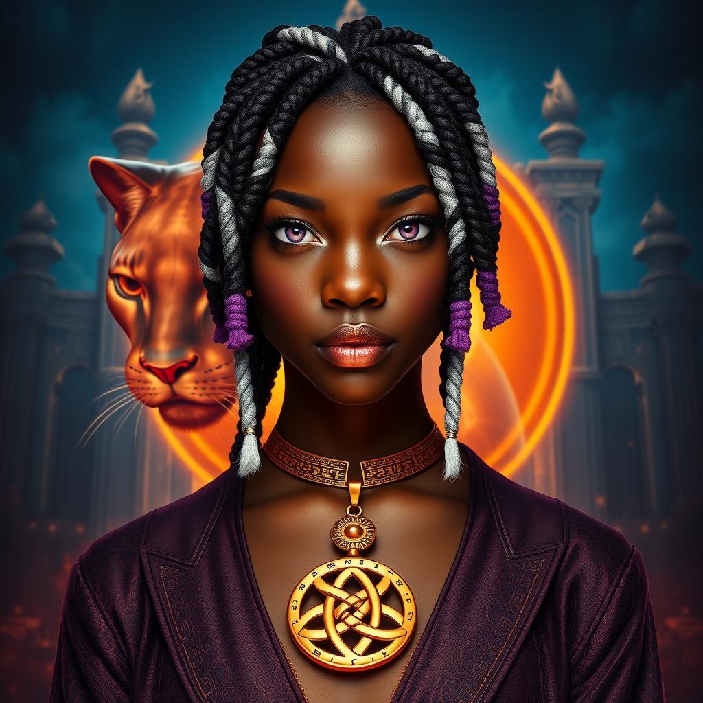 A large transparent panther and the majestic gates of Valhalla positioned behind an African American female teen with slitted purple bobcat eyes and white locs that have purple ends, showcasing her angular features