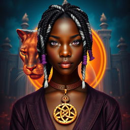 A large transparent panther and the majestic gates of Valhalla positioned behind an African American female teen with slitted purple bobcat eyes and white locs that have purple ends, showcasing her angular features