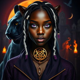 A large transparent panther and the majestic gates of Valhalla positioned behind an African American female teen with slitted purple bobcat eyes and white locs that have purple ends, showcasing her angular features