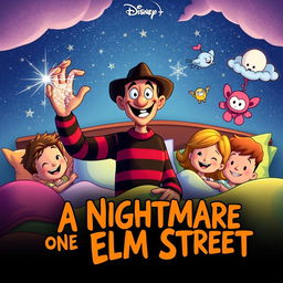 A whimsical animated movie poster for 'A Nightmare on Elm Street', reimagined as a family-friendly Disney film