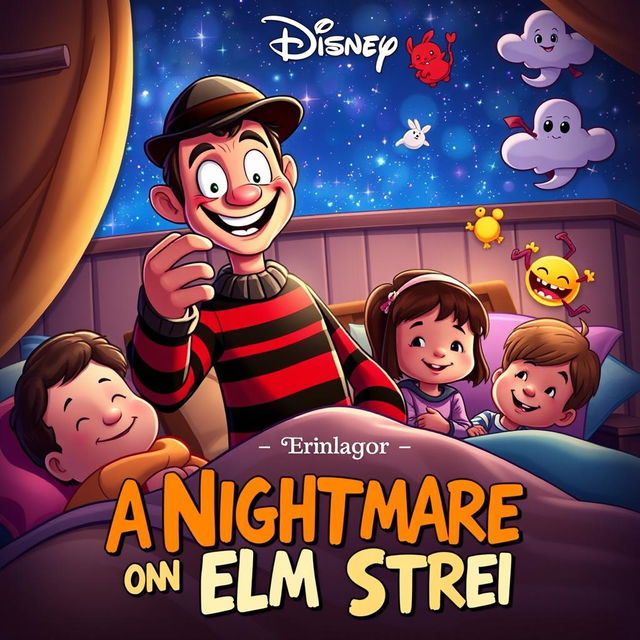 A whimsical animated movie poster for 'A Nightmare on Elm Street', reimagined as a family-friendly Disney film