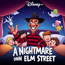 A whimsical animated movie poster for 'A Nightmare on Elm Street', reimagined as a family-friendly Disney film