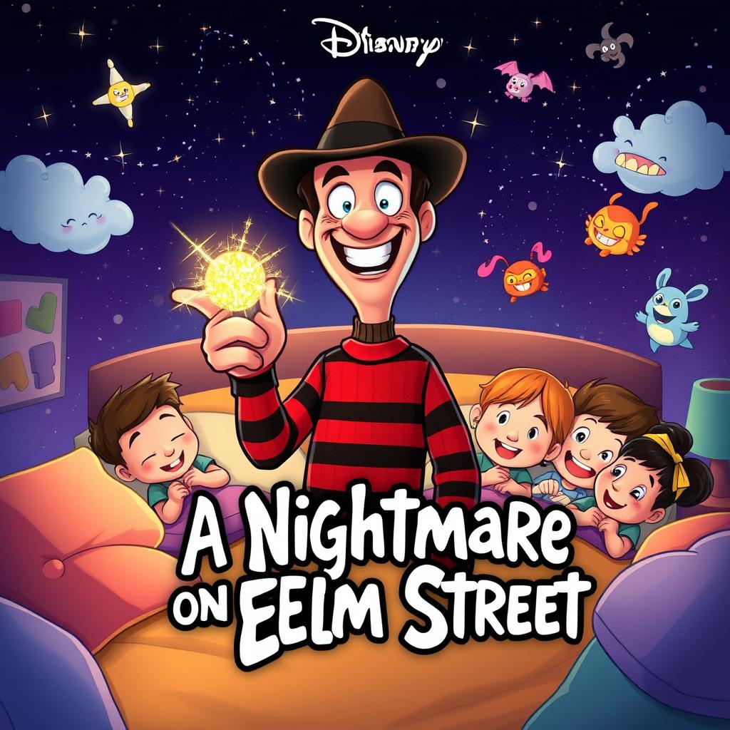 A whimsical animated movie poster for 'A Nightmare on Elm Street', reimagined as a family-friendly Disney film