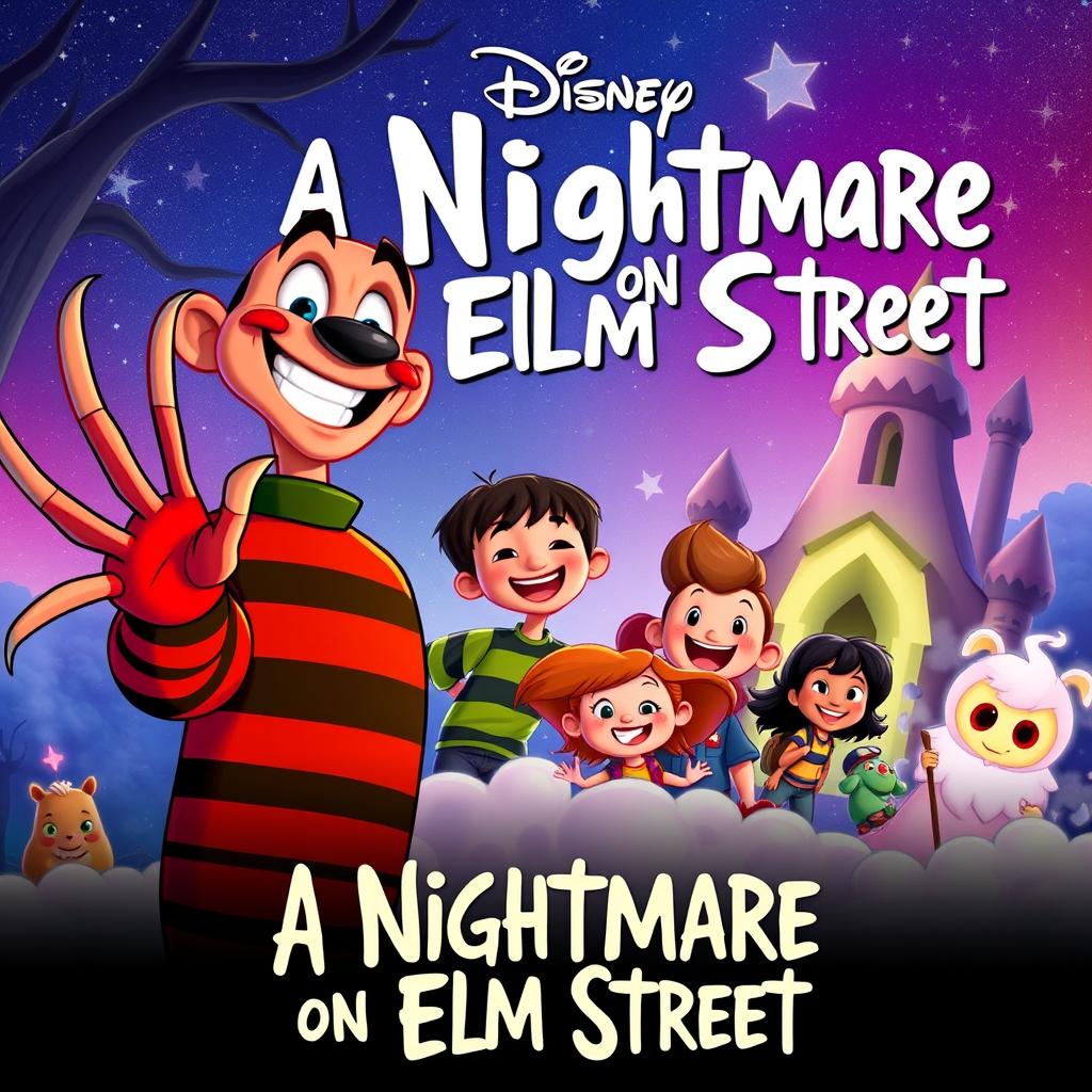 A whimsical animated movie poster for 'A Nightmare on Elm Street', reimagined as a family-friendly Disney film