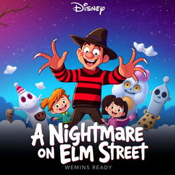 A whimsical animated movie poster for 'A Nightmare on Elm Street', reimagined as a family-friendly Disney film