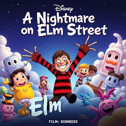 A whimsical animated movie poster for 'A Nightmare on Elm Street', reimagined as a family-friendly Disney film