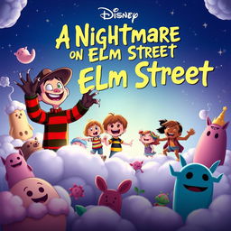 A whimsical animated movie poster for 'A Nightmare on Elm Street', reimagined as a family-friendly Disney film