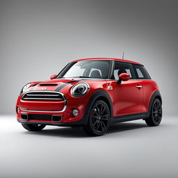 A striking red Mini Cooper with a glossy finish, featuring sleek black alloy wheels