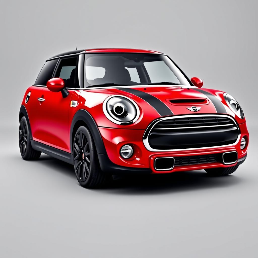 A striking red Mini Cooper with a glossy finish, featuring sleek black alloy wheels