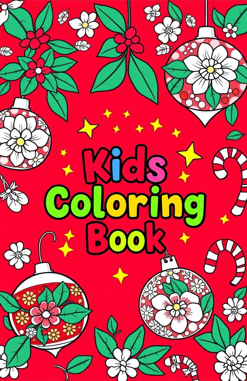 A festive book cover design for a kids coloring book featuring a vibrant red background adorned with beautifully illustrated floral Christmas ornaments