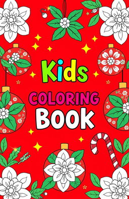 A festive book cover design for a kids coloring book featuring a vibrant red background adorned with beautifully illustrated floral Christmas ornaments