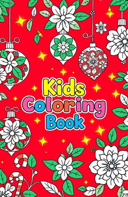 A festive book cover design for a kids coloring book featuring a vibrant red background adorned with beautifully illustrated floral Christmas ornaments