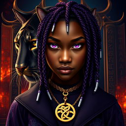 A large transparent panther and the majestic gates of Valhalla positioned behind an African American female teen with slitted purple bobcat eyes and white locs that have vibrant purple ends, showcasing her angular features