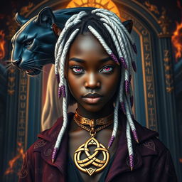 A large transparent panther and the majestic gates of Valhalla positioned behind an African American female teen with slitted purple bobcat eyes and white locs that have vibrant purple ends, showcasing her angular features