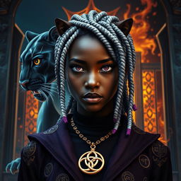 A large transparent panther and the majestic gates of Valhalla positioned behind an African American female teen with slitted purple bobcat eyes and white locs that have vibrant purple ends, showcasing her angular features