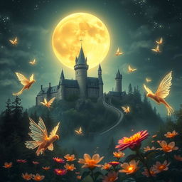 A mystical landscape under a giant, glowing moon, featuring an ancient castle on a hill surrounded by lush forests