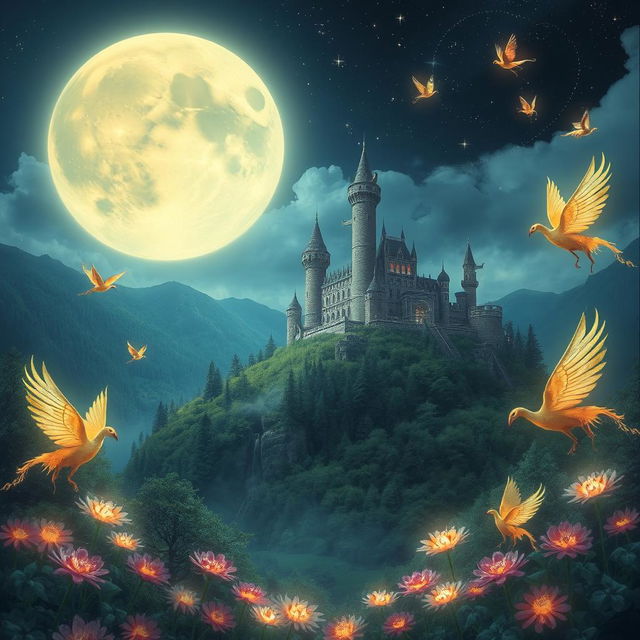 A mystical landscape under a giant, glowing moon, featuring an ancient castle on a hill surrounded by lush forests