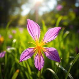 A close-up image of a vibrant saffron flower blooming in a lush green field, showcasing its delicate purple petals and golden stigmas