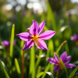 A close-up image of a vibrant saffron flower blooming in a lush green field, showcasing its delicate purple petals and golden stigmas