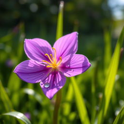 A close-up image of a vibrant saffron flower blooming in a lush green field, showcasing its delicate purple petals and golden stigmas