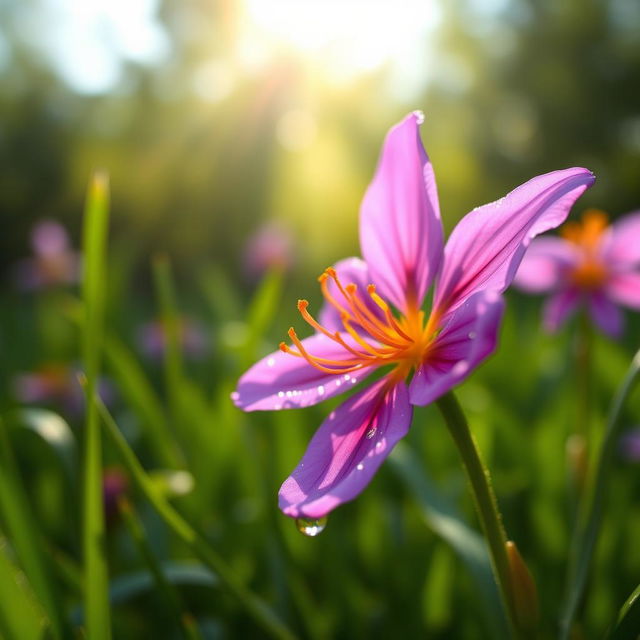 A close-up image of a vibrant saffron flower blooming in a lush green field, showcasing its delicate purple petals and golden stigmas