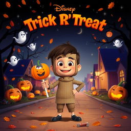 A charming animated movie poster for 'Trick R' Treat', envisioned as a family-friendly Disney film