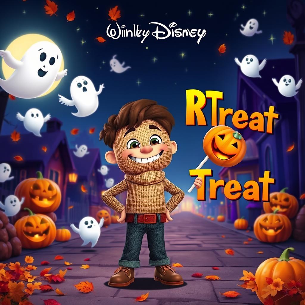 A charming animated movie poster for 'Trick R' Treat', envisioned as a family-friendly Disney film