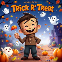 A charming animated movie poster for 'Trick R' Treat', envisioned as a family-friendly Disney film