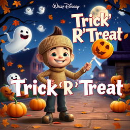 A charming animated movie poster for 'Trick R' Treat', envisioned as a family-friendly Disney film