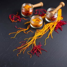 An artistic composition featuring vibrant saffron threads, beautifully arranged on a dark, textured surface