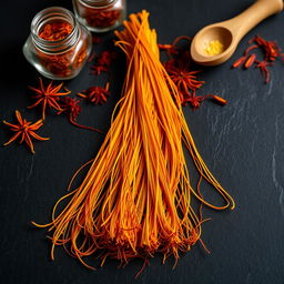 An artistic composition featuring vibrant saffron threads, beautifully arranged on a dark, textured surface