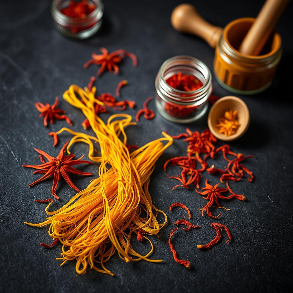 An artistic composition featuring vibrant saffron threads, beautifully arranged on a dark, textured surface