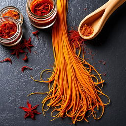 An artistic composition featuring vibrant saffron threads, beautifully arranged on a dark, textured surface