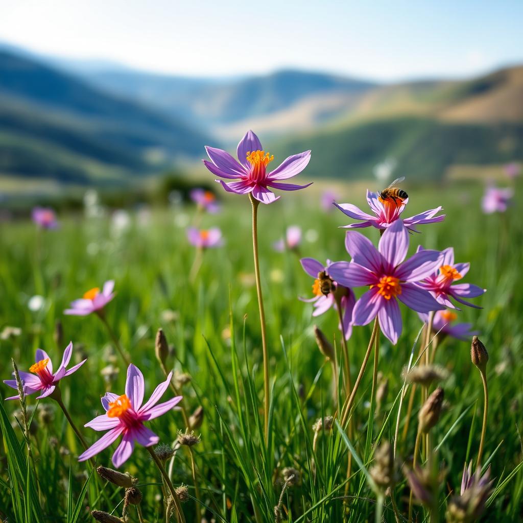 A picturesque scene featuring wild saffron flowers growing naturally in a meadow