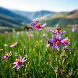 A picturesque scene featuring wild saffron flowers growing naturally in a meadow