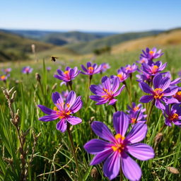 A picturesque scene featuring wild saffron flowers growing naturally in a meadow