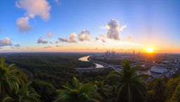 A stunning panoramic view of the Panama landscape, featuring the lush greenery of the Panama rainforest, glimpses of the Panama Canal with its intricate locks, and the vibrant skyline of Panama City in the background