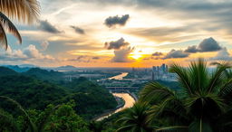 A stunning panoramic view of the Panama landscape, featuring the lush greenery of the Panama rainforest, glimpses of the Panama Canal with its intricate locks, and the vibrant skyline of Panama City in the background