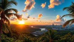 A stunning panoramic view of the Panama landscape, featuring the lush greenery of the Panama rainforest, glimpses of the Panama Canal with its intricate locks, and the vibrant skyline of Panama City in the background