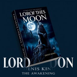 A captivating book cover for 'LORD OF THE MOON' by Denis King, featuring a striking werewolf howling at a full moon in the night sky