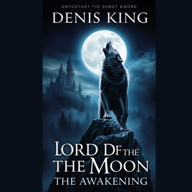 A captivating book cover for 'LORD OF THE MOON' by Denis King, featuring a striking werewolf howling at a full moon in the night sky