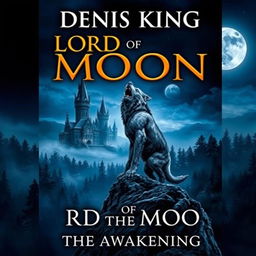 A captivating book cover for 'LORD OF THE MOON' by Denis King, featuring a striking werewolf howling at a full moon in the night sky