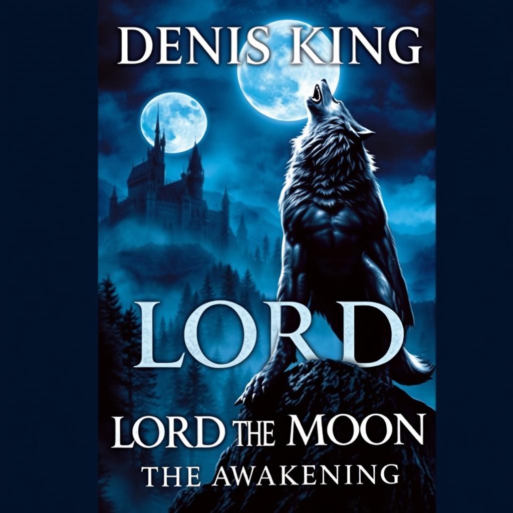 A captivating book cover for 'LORD OF THE MOON' by Denis King, featuring a striking werewolf howling at a full moon in the night sky