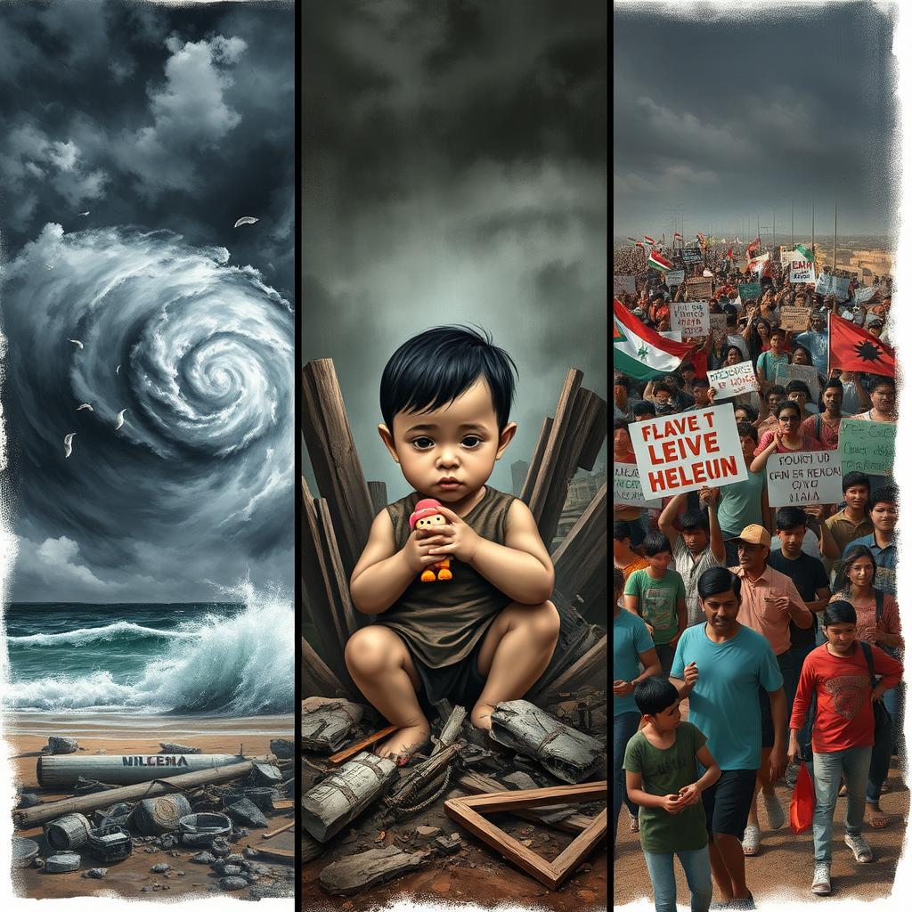 A dramatic and emotional representation of the challenges faced by people during natural disasters and social movements