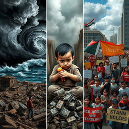 A dramatic and emotional representation of the challenges faced by people during natural disasters and social movements