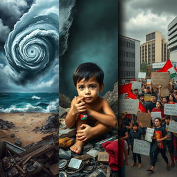 A dramatic and emotional representation of the challenges faced by people during natural disasters and social movements